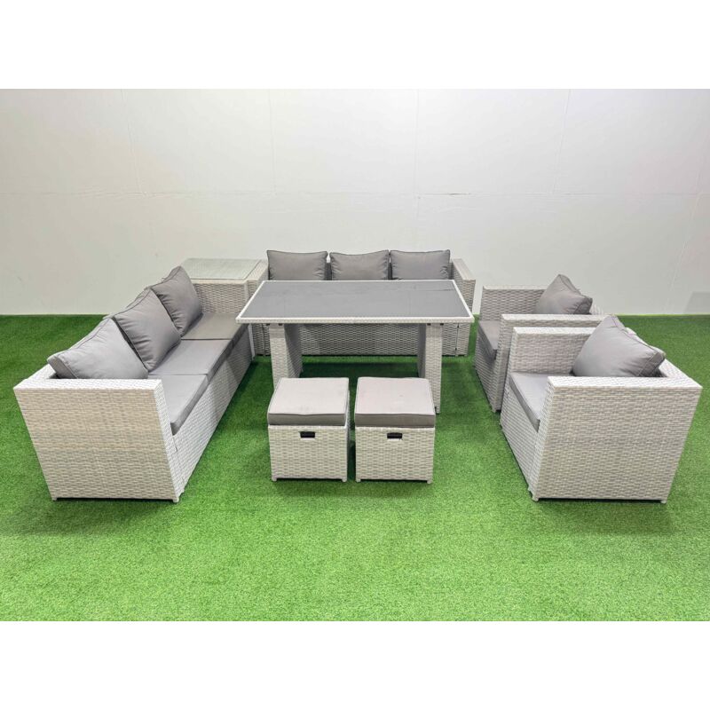 10 Seater Wicker pe Rattan Furniture Outdoor Dining Table 3 Seater Sofa Armchair Set with Side Table 2 Small Stools Light Grey - Fimous