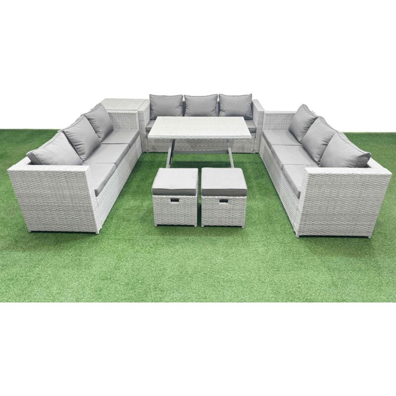 11 Seat Outdoor Patio pe Rattan Garden Furniture with Cushions 3 Seater Sofa Side Table 2 Small Stools Light Grey - Fimous