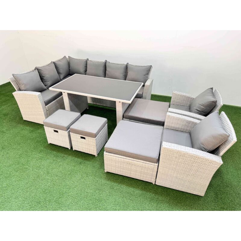 12 Seater Wicker Rattan Corner Sofa Sets Outdoor Garden Furniture Sets with Rectangular Dining Table Lounge Sofa 4 Footstools Light Grey - Fimous