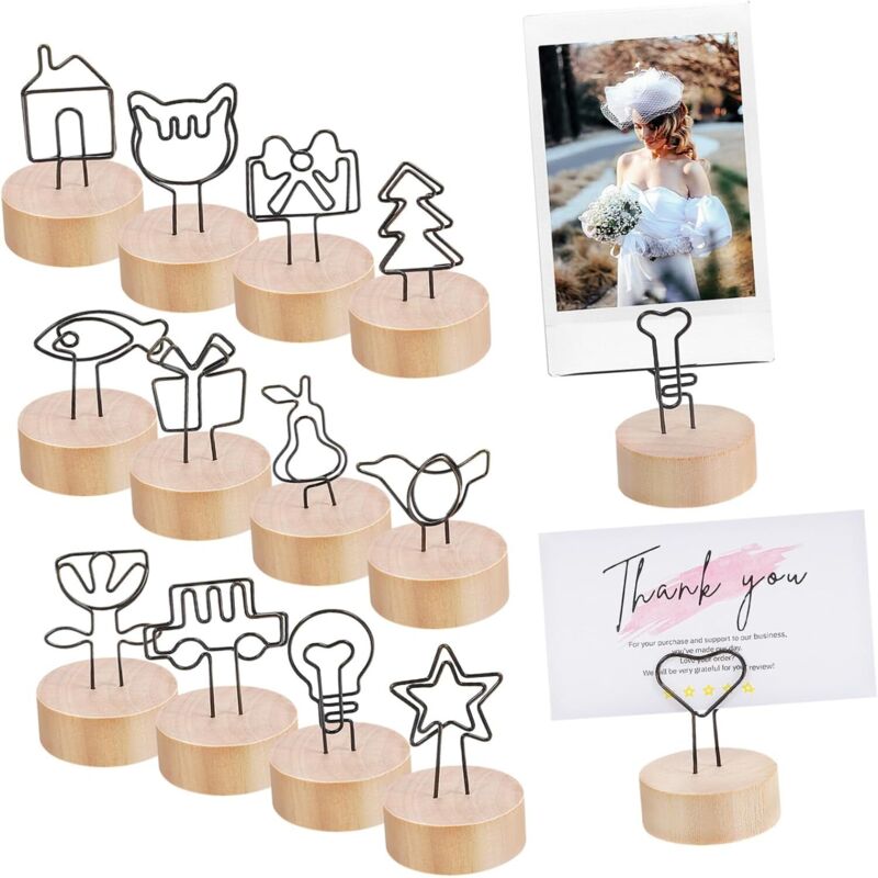 13-Piece Wooden Photo Holders with Clips, Card Holders, and Memo Holders Set for Tables, Parties, and Organizing Photos and Notes