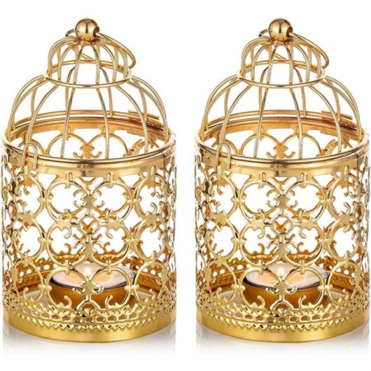 2 Pieces Small Hanging Birdcage Lantern Metal Tea Light Holder, Gold Lanterns for Candles Vintage Table Centerpieces Wedding Party Tealight Holder