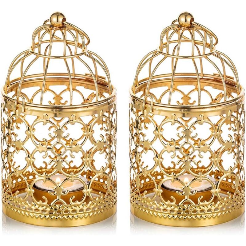 2 Pieces Small Hanging Birdcage Lantern Metal Tea Light Holder, Gold Lanterns for Candles Vintage Table Centerpieces Wedding Party Tealight Holder