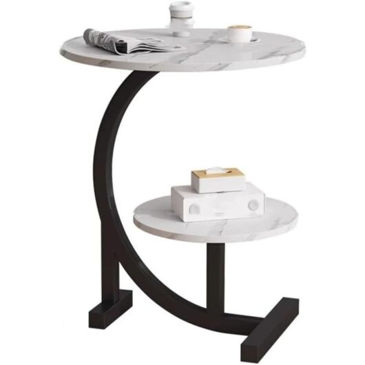 2-tier sofa side table, modern small coffee table with faux marble top and C-shaped legs, round side table, faux marble top and metal frame