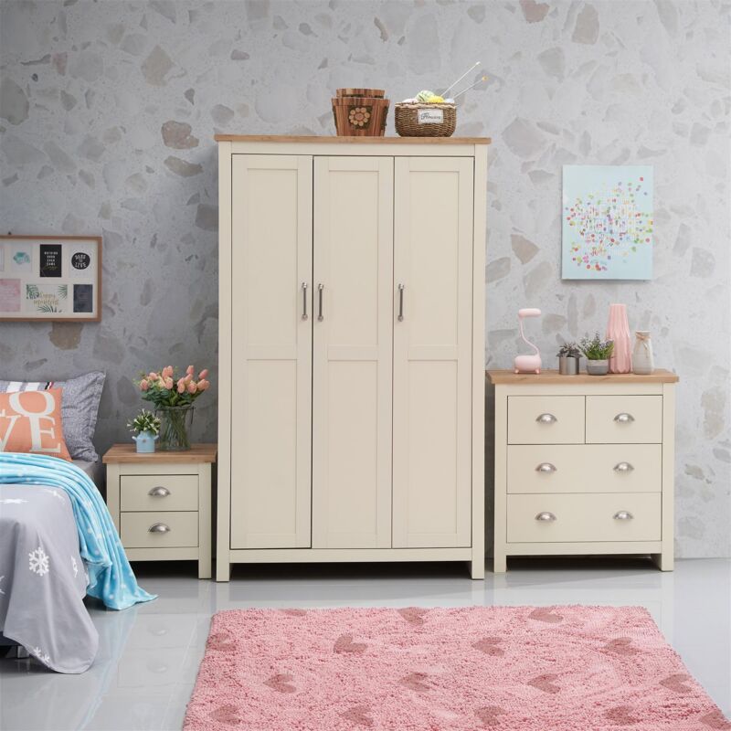 3 Piece Bedroom Furniture Set Cream 3 Door Wardrobe 2+2 Chest 2 Drawer Bedside Table Oak Top