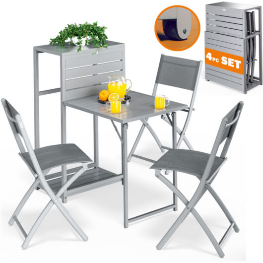 4 Piece Balcony Furniture Set Table with 3 Chairs Foldable Space Saving Design Including Wheels Weatherproof Steel Powder Coated Garden Patio Seating