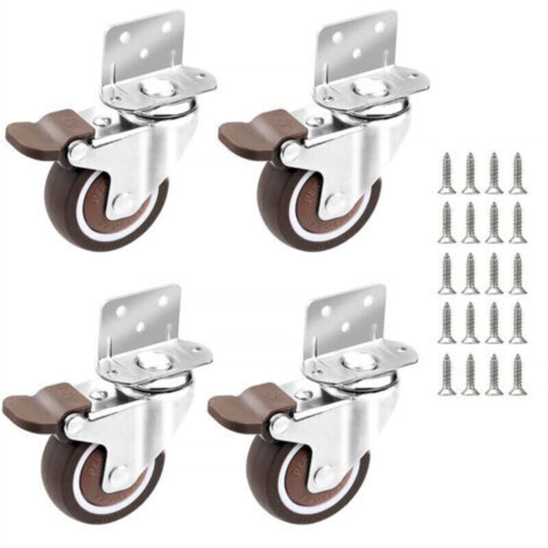 4x Casters - 25mm for Furniture Small Swivel Caster with Brake and Mounting Plate and Screws