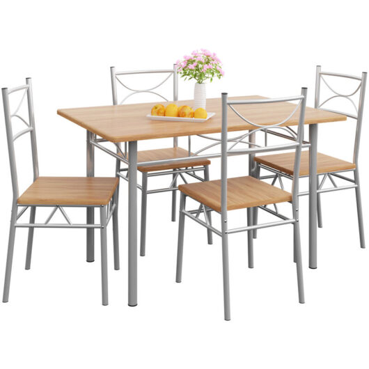 5 Pcs Dining Table and 4 Chairs Small Kitchen Breakfast Furniture Compact Modern Contemporary Rectanglular Dining Set Beech - Casaria