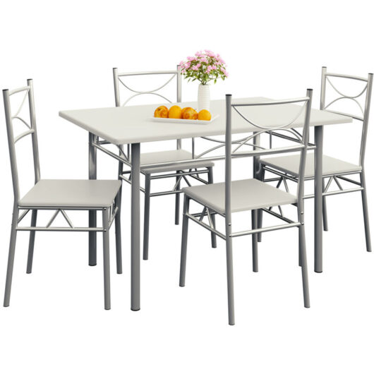 5 Pcs Dining Table and 4 Chairs Small Kitchen Breakfast Furniture Compact Modern Contemporary Rectanglular Dining Set White - Casaria