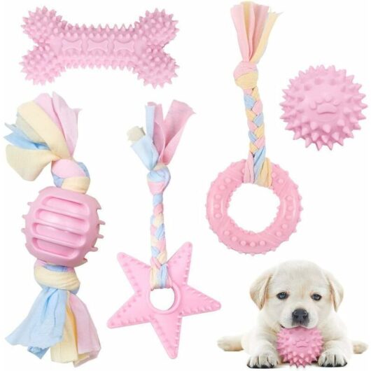 5-Piece Dog Rope and Ball Toy Set, Indestructible Dog Toy for Puppy/Small/Medium Dogs, Helps Dog Dental Health (Pink)