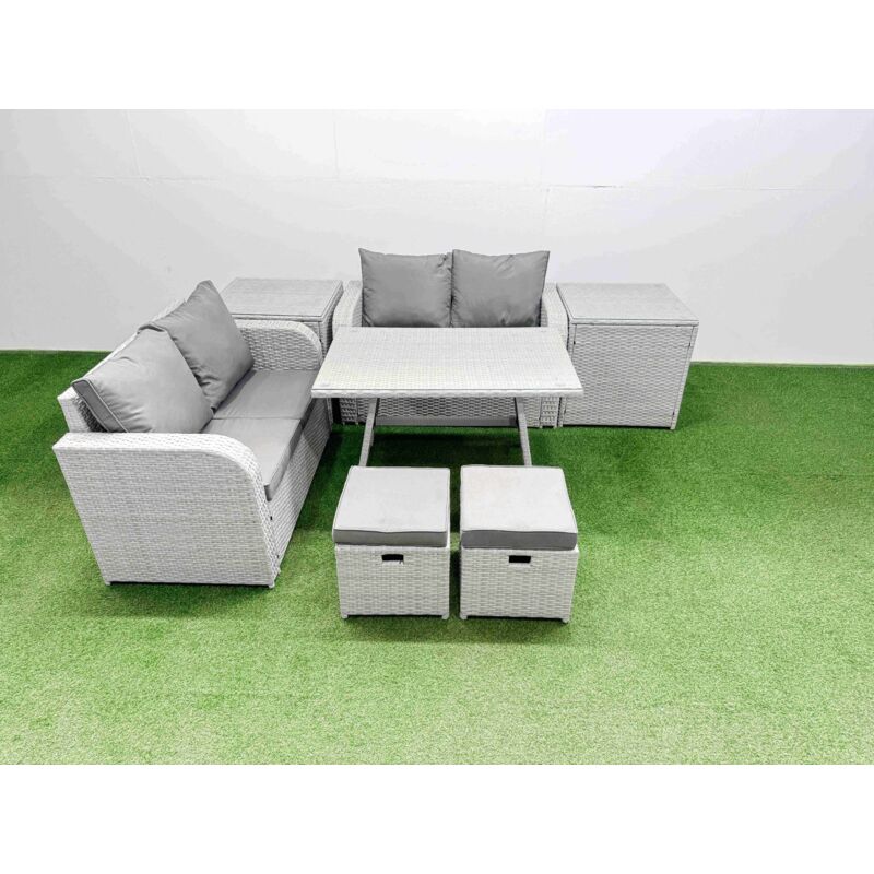 6 Seater Outdoor Love Sofa Set Rattan Garden Furniture Set with Rectangular Dining Table 2 Side Tables 2 Small Footstool Light Grey - Fimous