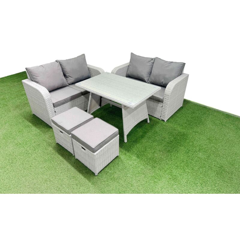 6 Seater Outdoor Love Sofa Set Rattan Garden Furniture Set with Rectangular Dining Table 2 Small Footstool Light Grey - Fimous
