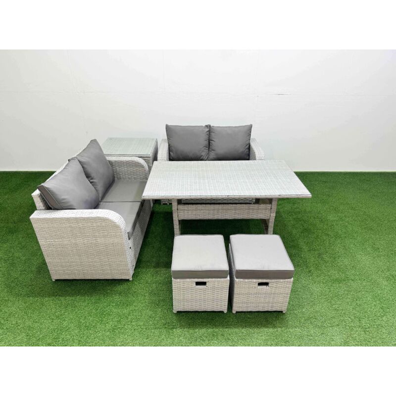 6 Seater Outdoor Love Sofa Set Rattan Garden Furniture Set with Rectangular Dining Table 2 Small Stools Side Table Light Grey - Fimous