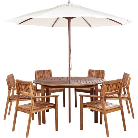7 Piece Dining Outdoor Garden Set Table Chairs Acacia Light Wood Parasol Agello/Tolve