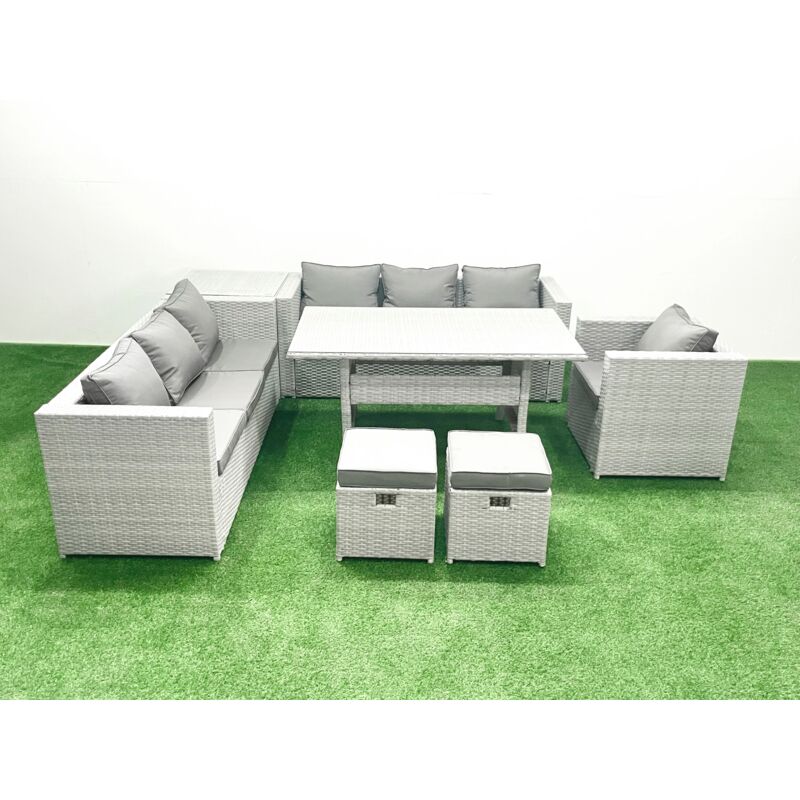 7 Pieces Outdoor Rattan Sofa Set with Cushions Patio Garden Furniture Sets with Armchair Dining Table Side Table 2 Small Footstools - Fimous