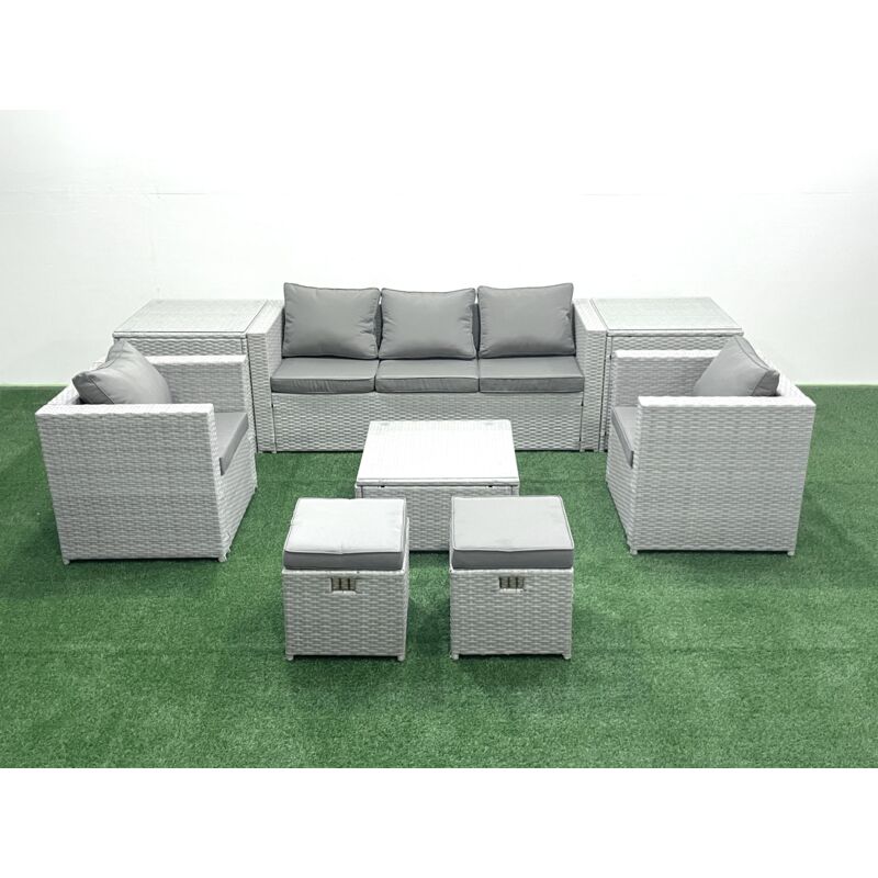 7 Seater Rattan Garden Furniture Set with 3 Seater Sofa 2 Chair Square Coffee Table 2 Small Footstools 2 Side Tables Light Grey Mixed - Fimous