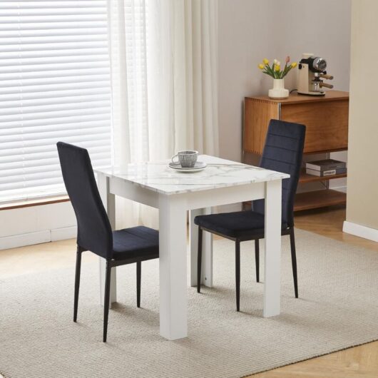 75x75cm Square Dining Table and Chairs Set, Small Dining Room Set High Gloss Dining Table with Chairs Home Furniture (Black Flannel, Marble-White