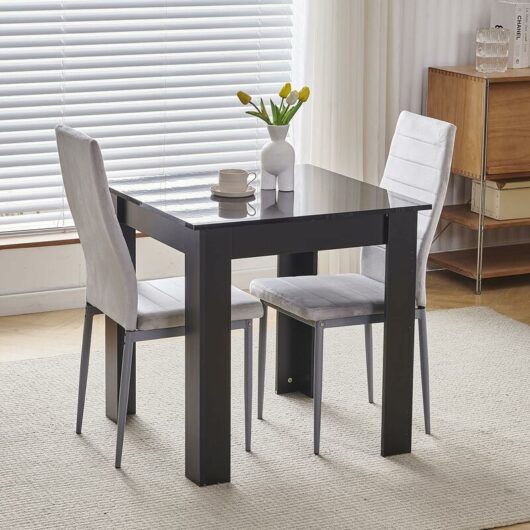 75x75cm Square Dining Table and Chairs Set, Small Dining Room Set High Gloss Dining Table with Chairs Home Furniture (Grey Flannel, Black Table with