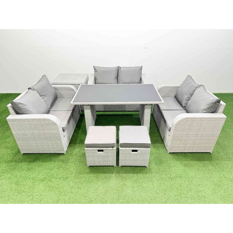 8 Seater Patio Garden Furniture Sets with Black Glass Top Dining Table Love Sofa Side Table 2 Small Stool Light Grey - Fimous