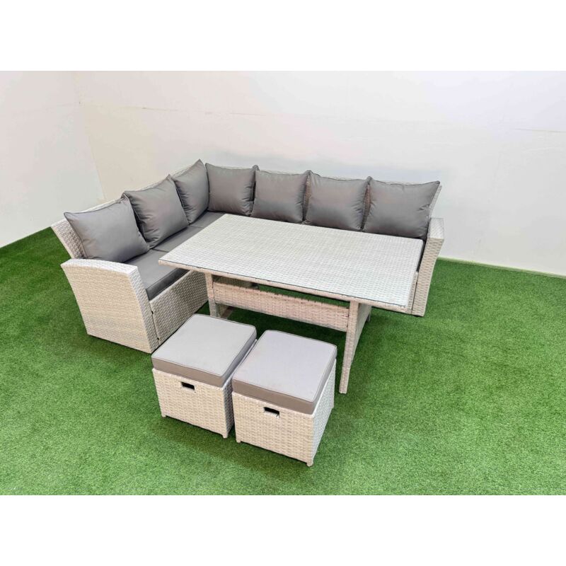 8 Seater Rattan Garden Furniture Set Outdoor Patio Dining Corner Sofa Sets with Dining Table 2 Small Footstools Light Grey Mixed - Fimous