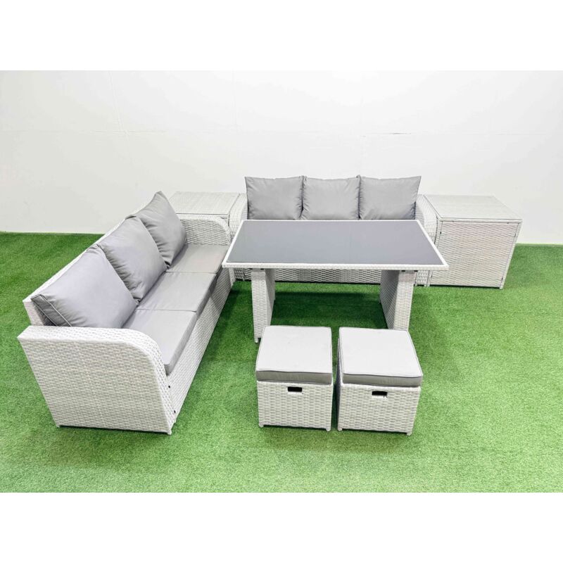 8 Seater Rattan Outdoor Dining Table 3 Seater Sofa Set with 2 Side Tables 2 Small Stools Light Grey - Fimous