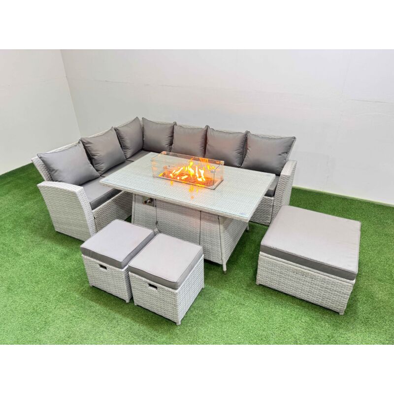 9 Seat Rattan Garden Furniture Corner Sofa Set Outdoor Gas Fire Pit Table Sets with 3 Footstools Light Grey - Fimous