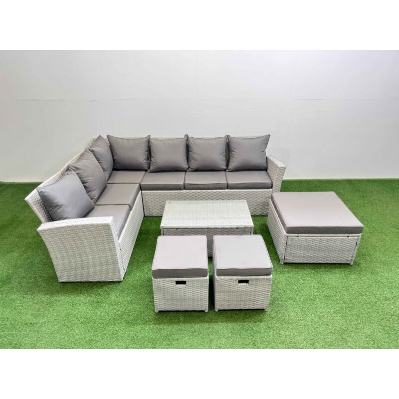 9 Seater Garden Outdoor pe Rattan Furniture Set Rattan Garden Sofa Set with Oblong Coffee Table Light Grey Mixed - Fimous