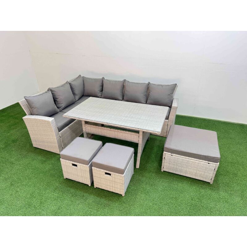 9 Seater Rattan Garden Furniture Set Outdoor Patio Dining Corner Sofa Sets with Dining Table 3 Footstools Light Grey Mixed - Fimous