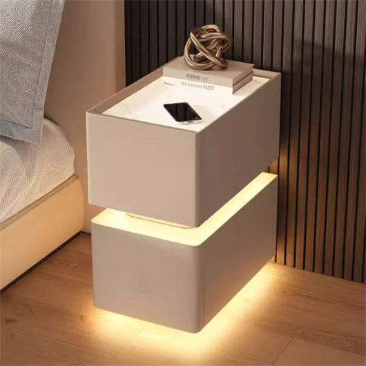 AUTRUCKER Connected bedside table with light sensor and tricolor lighting, sensor bedside table (khaki) 25 x 40 x 48 cm