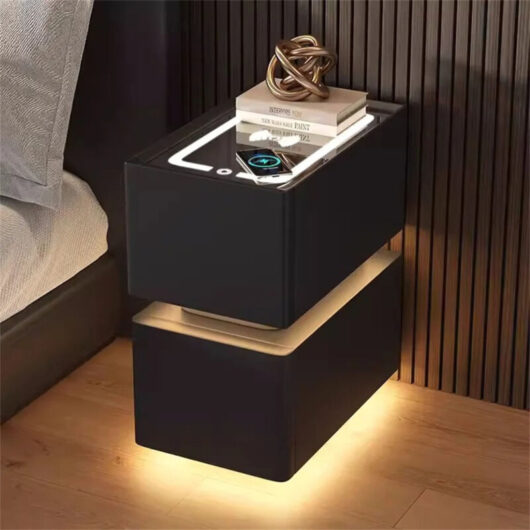 AUTRUCKER Creative Smart Bedside Table with Light Sensor, Nordic Style Storage Unit, 2 Drawers with Wireless Charging, Black, 25x40x48CM