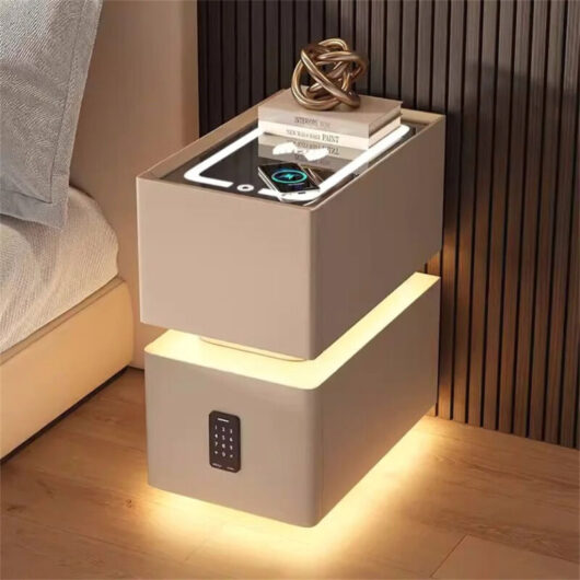 AUTRUCKER LED bedside table for bedroom with 2 drawers, combination lock, wireless charging station and tri-color lighting, khaki, 25 x 40 x 48 cm