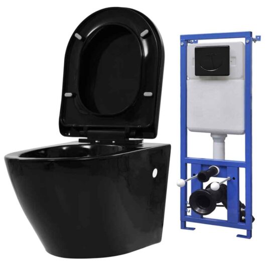 Adrian Black Wall Hung Toilet With Concealed Cistern And Frame - Soft Close Seat