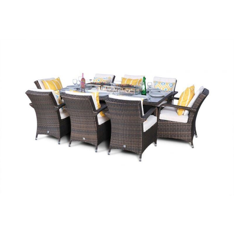 Arizona Fire Pit 8 Seater Rectangle Rattan Dining Set - Brown