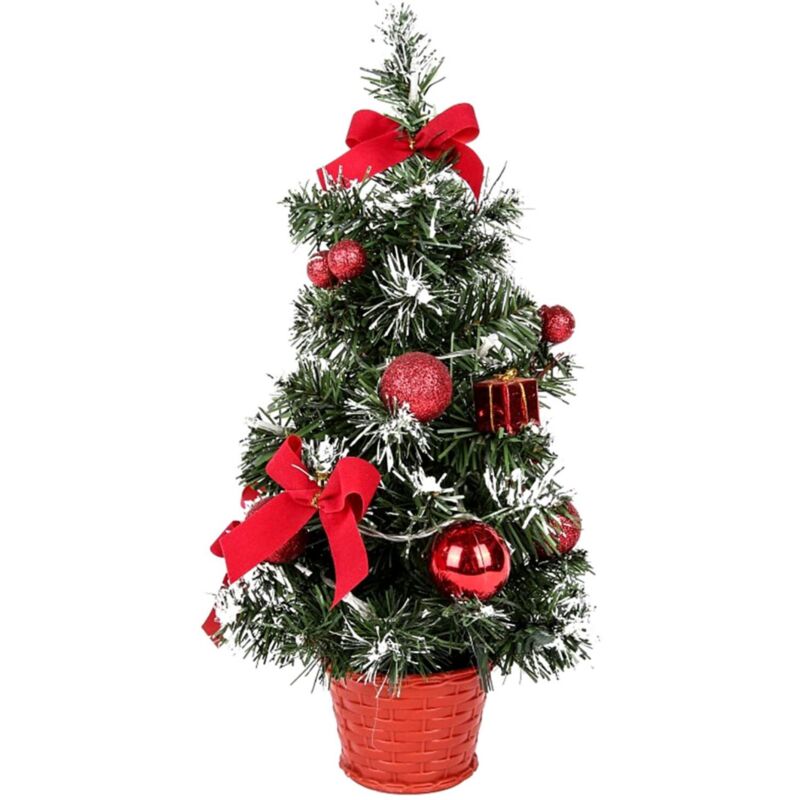 Artificial Christmas Tree with Lights, 40cm Small Tabletop Christmas Tree with LED Lights with Bow and Pine Cone for Christmas Table Decorations (Red)