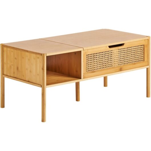 Bamboo Coffee Table 99 x 48 cm with Storage Lift Table Top Living Room Furniture Boho Style Natural Surrey