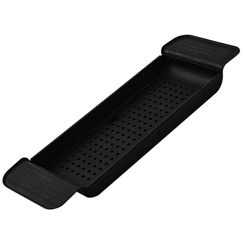 Bath tray, stable placement, expandable plastic material, drainage, bath caddy design, bathtub table for bathroom, black