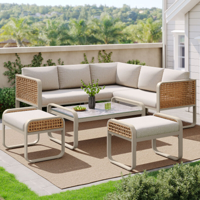 Beige Rattan Garden Lounge Set for 6-7 with Corner Sofa,Galvanized Frame&Cushions