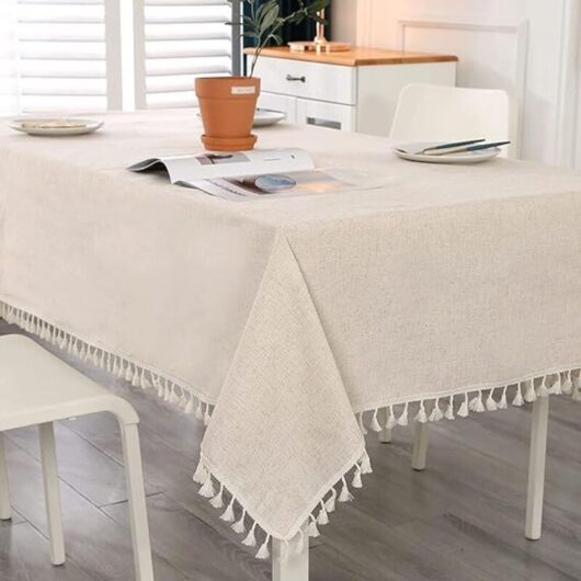 Beige Rectangular Tablecloth Stain Resistant Washable Cotton Linen Tassel Tablecloth with Tassels, Table Linen for Birthday, Wedding, Coffee Table,