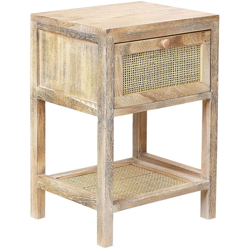 Beliani - Bedside Table 1 Drawer Rattan Front Paulownia Boho Style Nighstand Light Wood Esto