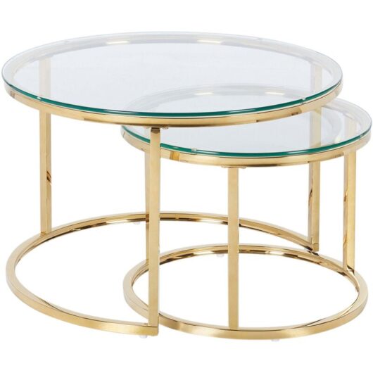 Beliani - Nest of 2 Coffee Tables Round Tempered Glass Table Top Metal Frame Gold Grange