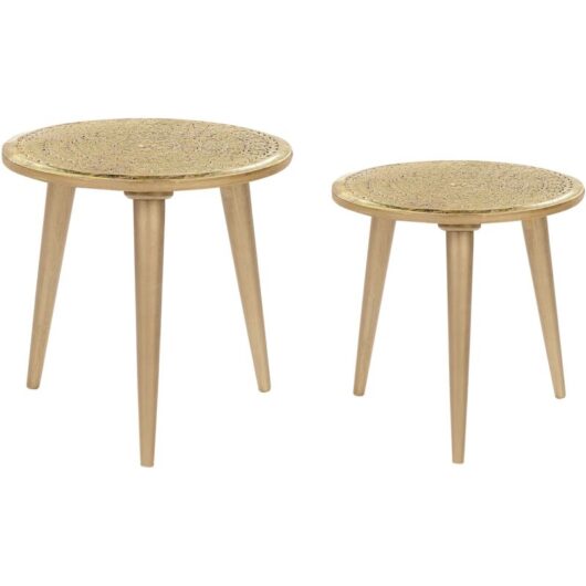 Beliani - Nest of 2 Side Tables Gold Mango Wood Carved Floral Pattern Distressed Effect Narra