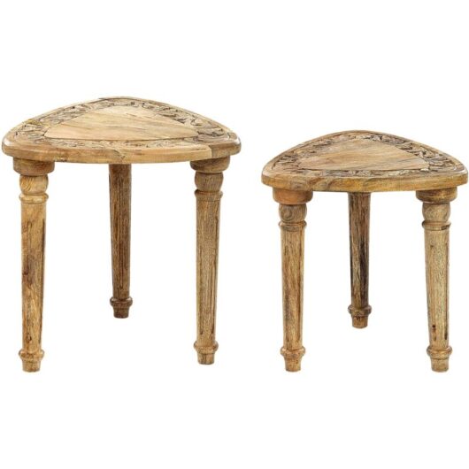 Beliani - Nest of 2 Side Tables Natural Mango Wood Carved Tops Saora