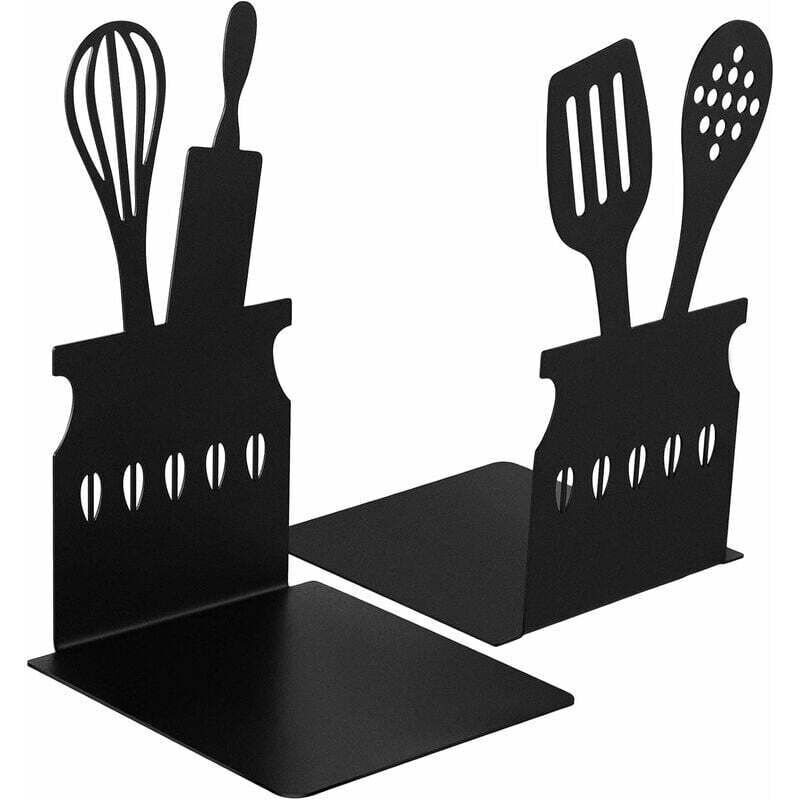Black Cookbook Ends Spoons Decorative Metal Cookbook Bookends with Non-Slip Mat Metal Cookbook Storage Book Stopper Metal Cookbook Holder MUMU