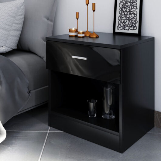 Black Modern Bedside Cabinet High Gloss Nightstand Table Soft Close Bedside Table with Drawer for Bedroom, Livingroom - Elegant