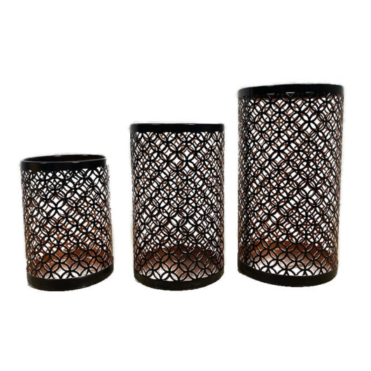 Black Tealight Candle Holder - Set of 3 Metal Lantern Pillar Candle Holder Oriental Moroccan Design Decoration for Home Interior Room Deco