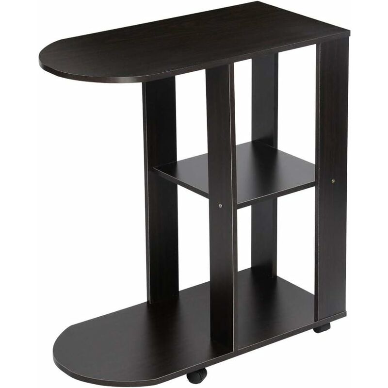 C-Shaped Mobile End Table for Living Room, Side Table with Shelves Storage, Small Narrow Side Table with Wheels (Black)