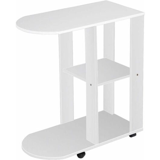 C-Shaped Mobile End Table for Living Room, Side Table with Shelves Storage, Small Narrow Side Table with Wheels (White)