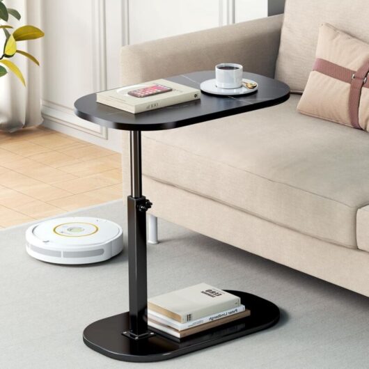 C-shaped side table, height-adjustable narrow side table, 360° rotating TV tray, sliding sofa tables under cabinets, small black coffee tables