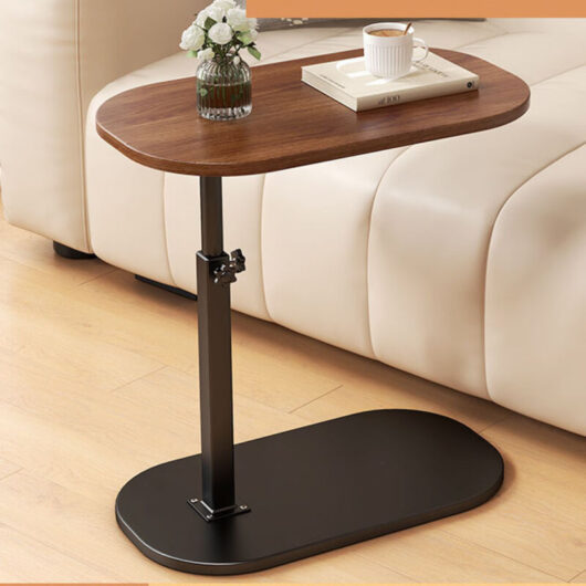 C-shaped side table, height-adjustable narrow side table, 360° rotating TV tray, sliding sofa tables underneath, small coffee tables in walnut color