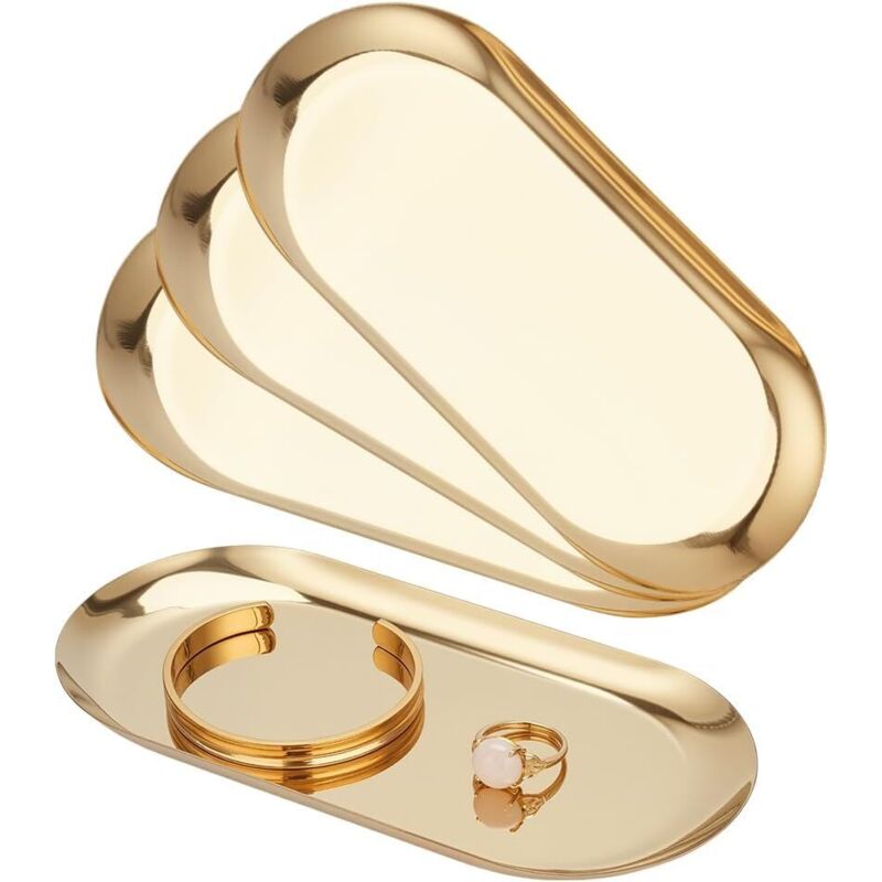 CCYKXA 4-Piece 304 Stainless Steel Jewelry Tray Set, 18cm Gold Serving Tray, Decorative Jewelry Display Tray, Small Oval Tray for Napkins and Rings