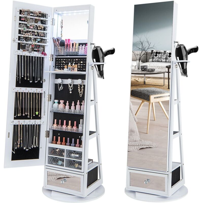 COSTWAY 4 IN 1 Swivel Jewelry Cabinet Lockable Jewelry Armoire w/ Full-Length Mirror